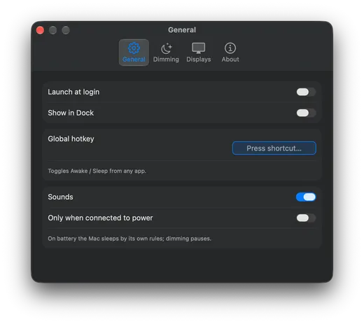 Settings, General tab: launch at login, show in Dock, global hotkey, sounds, and only when connected to power.