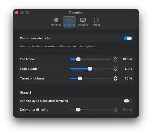 Settings, Dimming tab: sliders for idle timeout, fade duration, and target brightness.