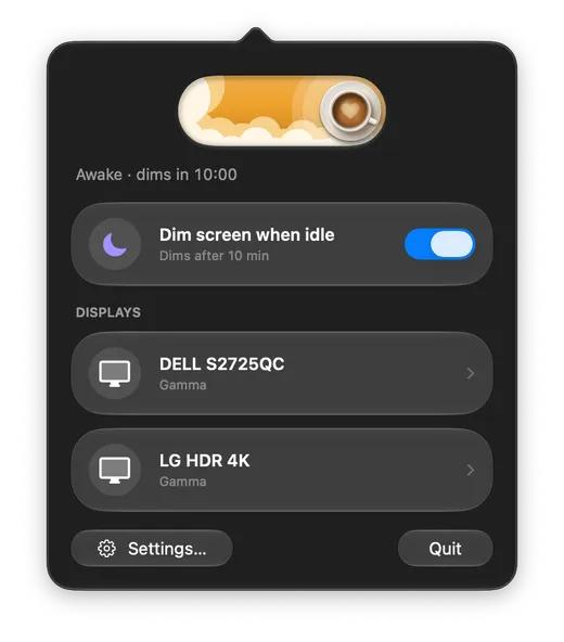 The Koffee panel in dark mode with the Awake switch on, the status line, and two display cards.